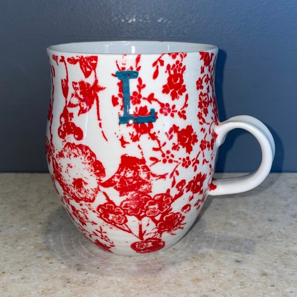 Anthropologie Homegrown Monogram Mug Initial L Coffee Tea Cup Red Bird Toile - Picture 1 of 8